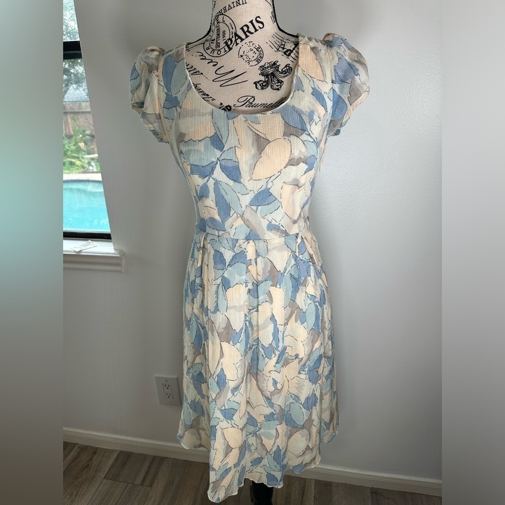Anthropologie MOULINETTE SOEURS Blue Cream Silk Blend Monserrat S/s Dress Sz 4
